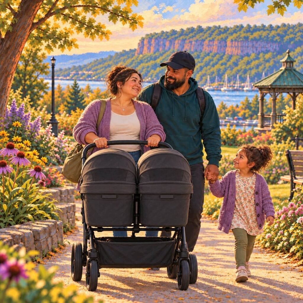 Realistic illustration of a family walking with a double bassinet stroller in a Hamilton and Stoney Creek park, with the escarpment in the background.
