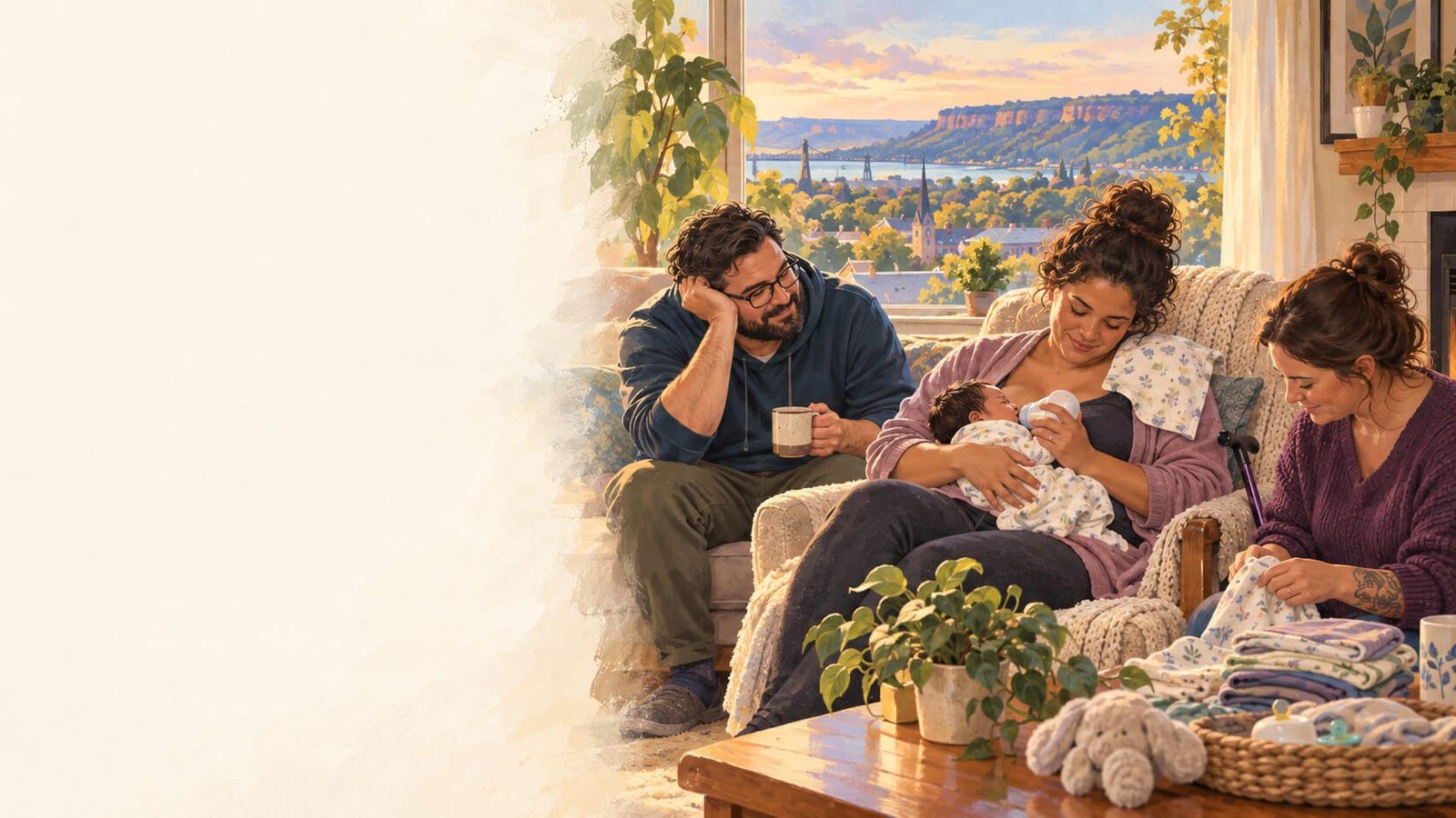 Realistic illustration of tired new parents with a newborn and postpartum support at home, with a Hamilton and Stoney Creek escarpment view through the window.