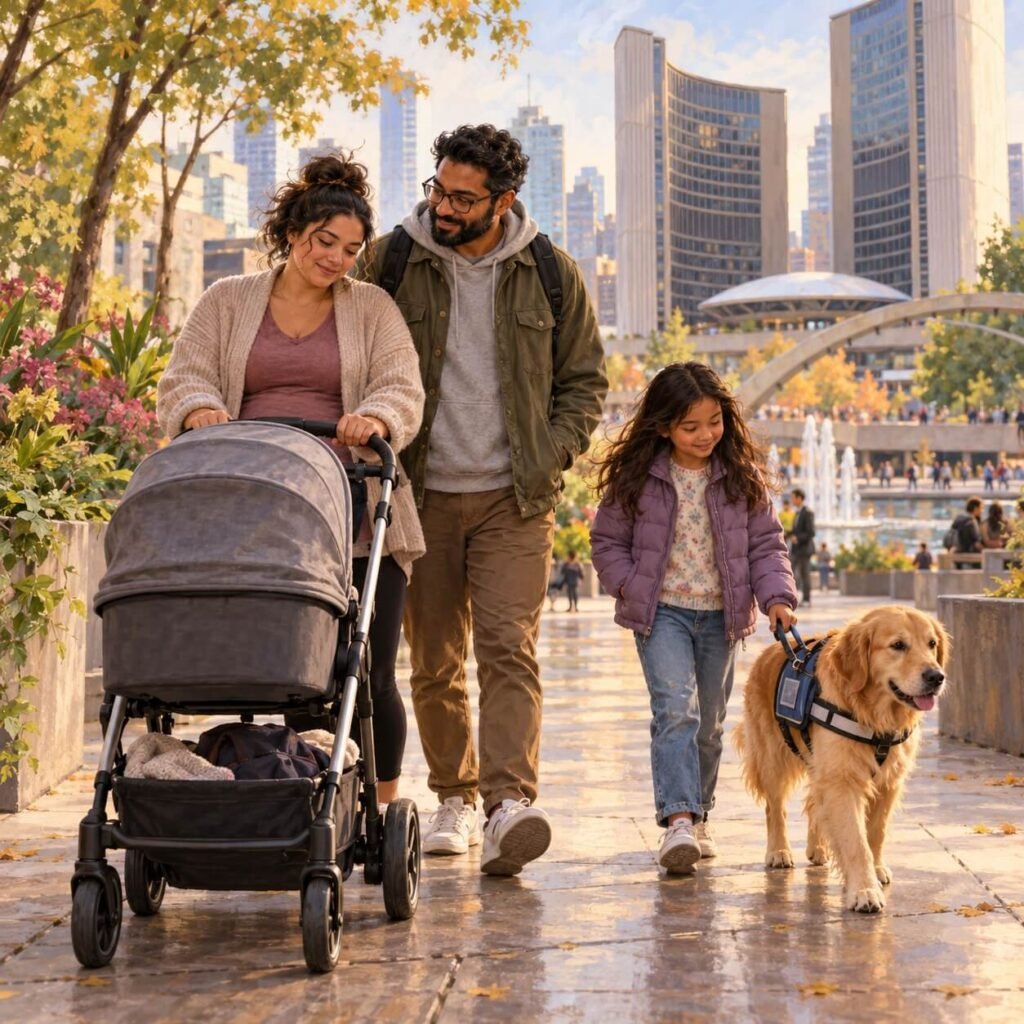 Realistic painterly illustration of a Toronto family walking with a stroller and an older child with a service dog near Nathan Phillips Square.