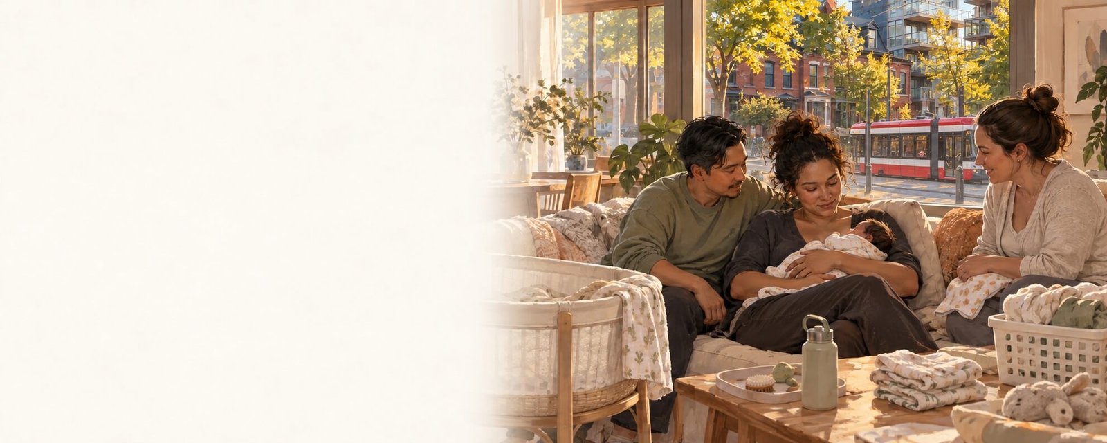 Realistic painterly illustration of tired new parents and postpartum support at home in Toronto, with a TTC streetcar, brick homes and condo balconies visible through the window.